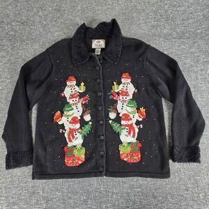 Tiara International Black Snowman Christmas Cardigan Sweater Women's Size L